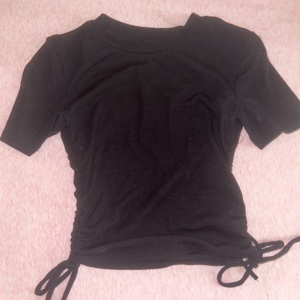 Zara ribbed short sleeve black bow top